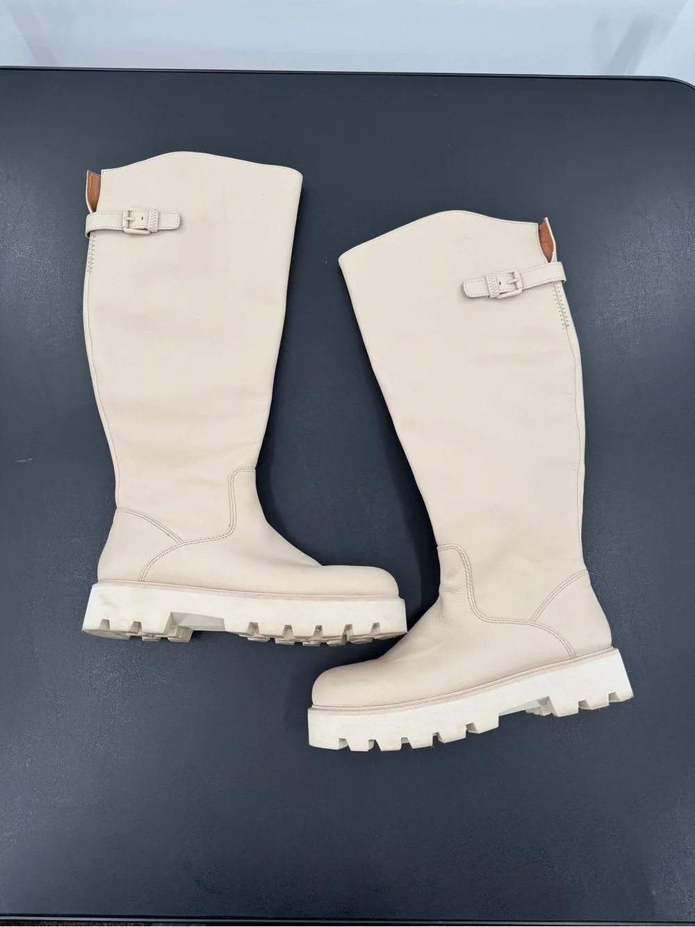 Franco Sarto Cream Knee High Lug Boots Moto Biker Light Goth Grunge Y2K size 8